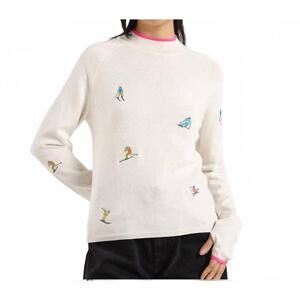 NEW BRODIE CASHMERE ditsy ski embroidery mock neck sweater in ivory/bubblegum